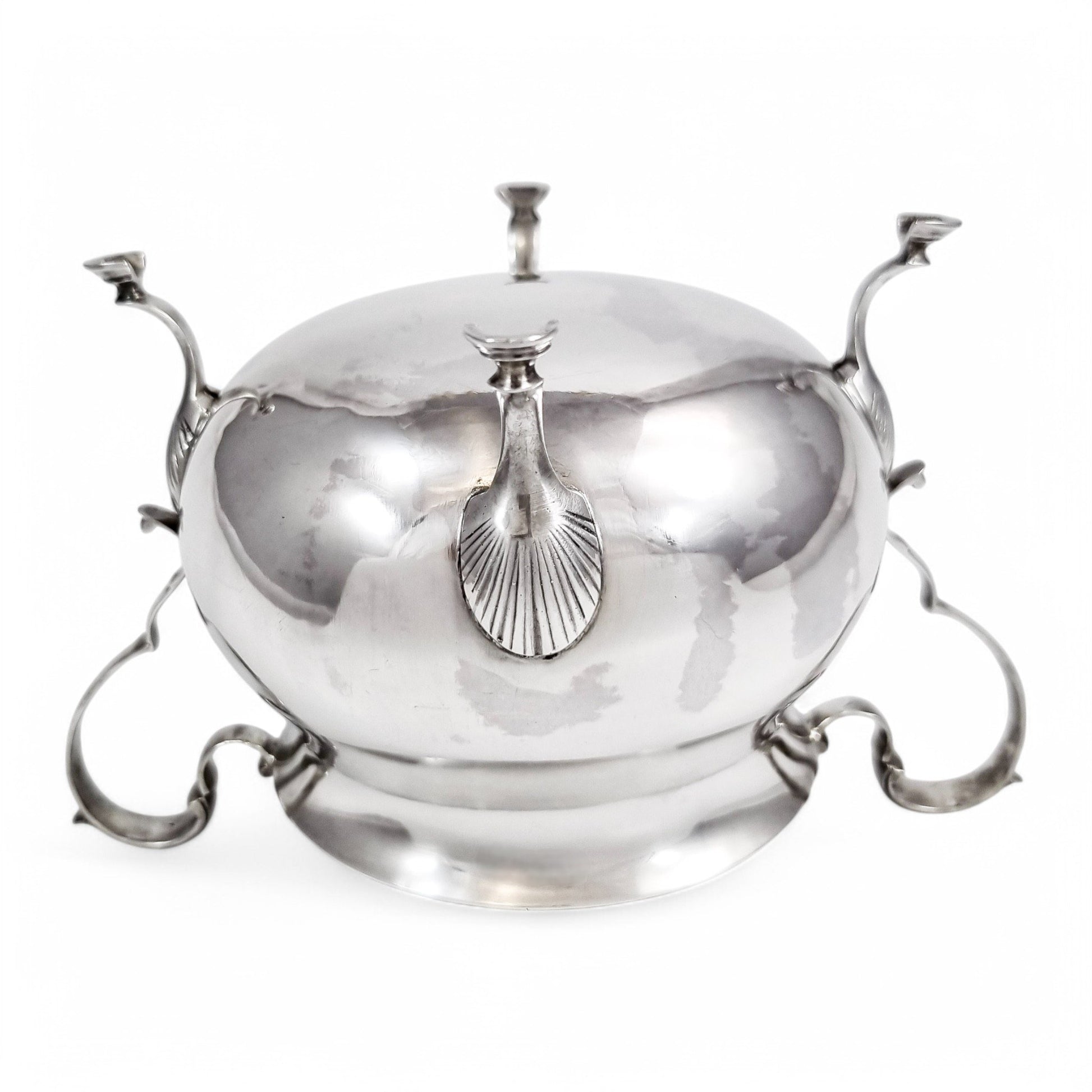 Large antique English sterling silver sugar bowl with hoof feet and scroll handles, Sheffield 1899