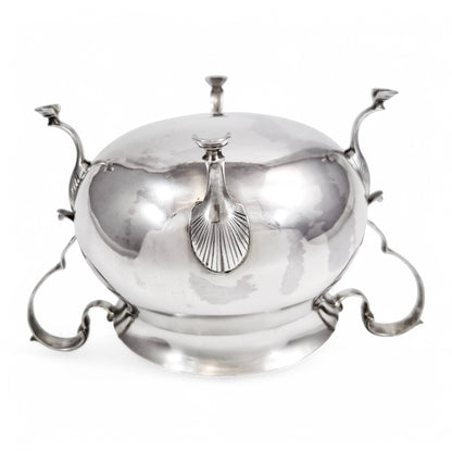 Large antique English sterling silver sugar bowl with hoof feet and scroll handles, Sheffield 1899