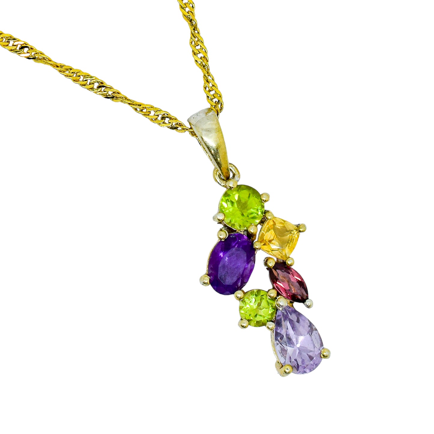 Vintage multi-gem pendant gilt sterling necklace - amethyst, peridot, citrine, garnet, topaz