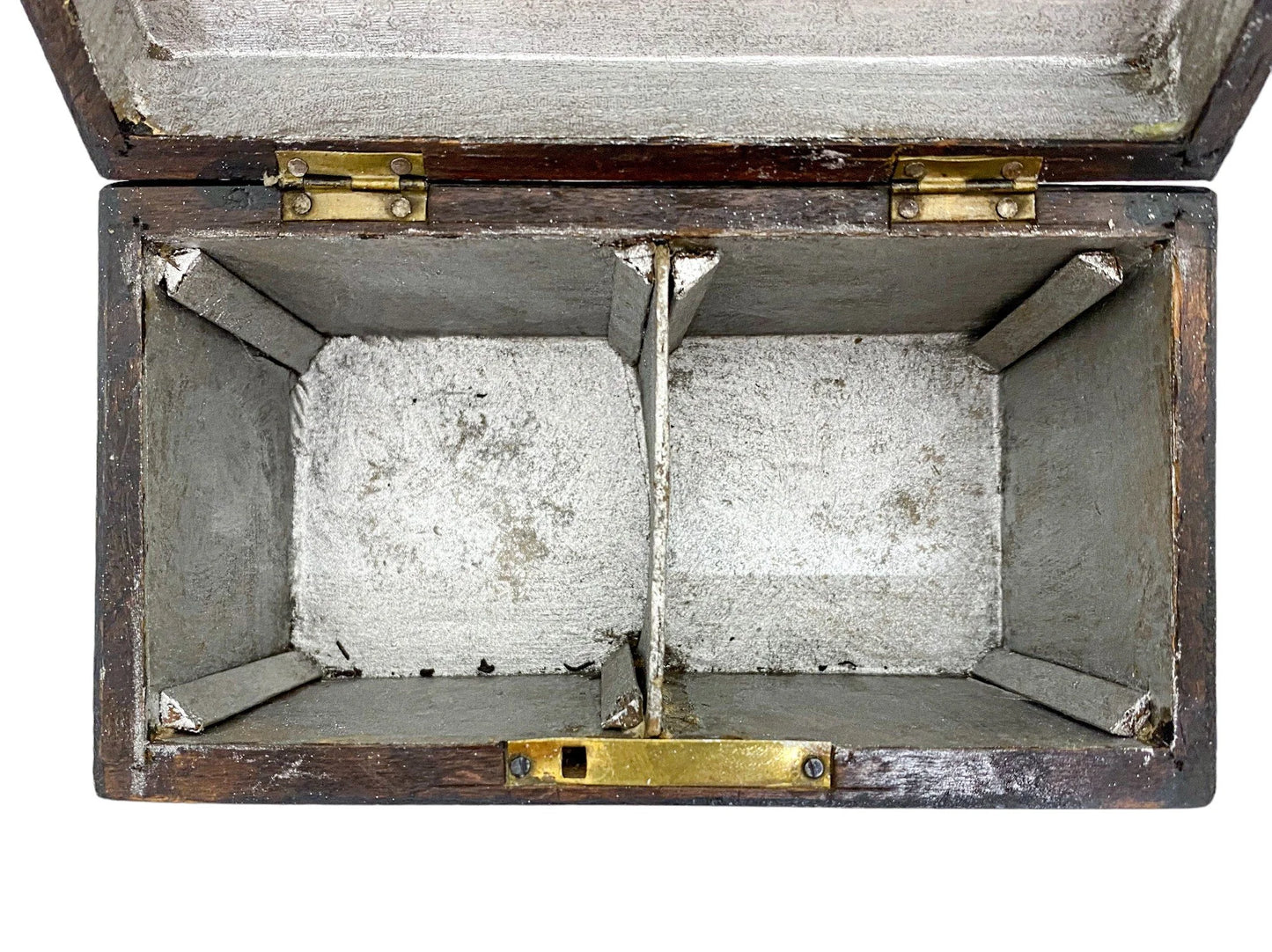 Mid-Victorian domed casket 2-section tea caddy withvglass tumblers and brass plaques