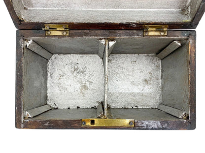 Mid-Victorian domed casket 2-section tea caddy withvglass tumblers and brass plaques