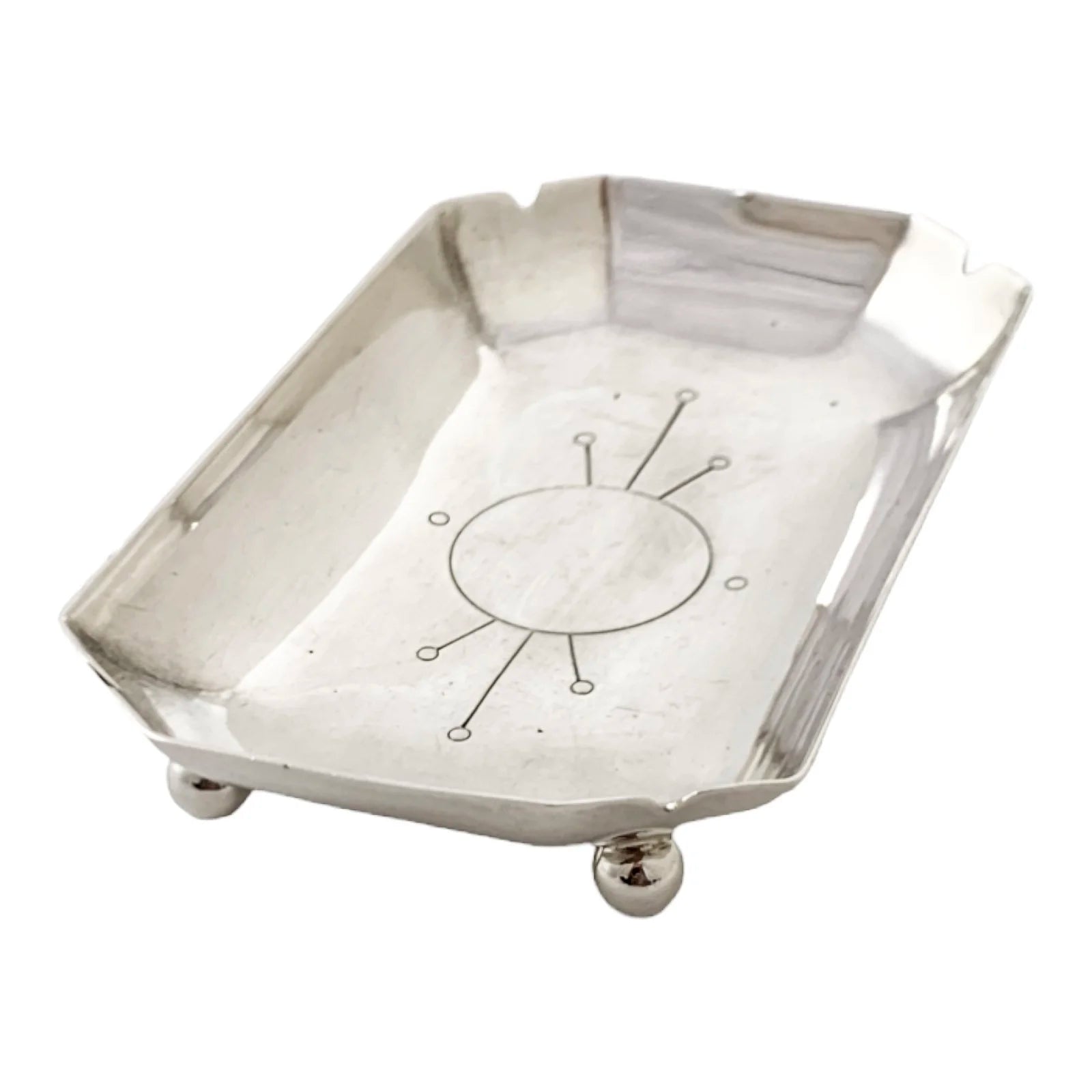 Modernist 1940's sterling silver vide poche snack/nut/candy bowl, oblong body on ball feet