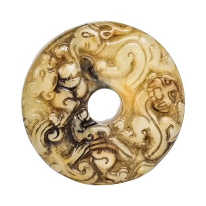 Chinese green jade "Chilong" bi disc hand-carved roundel pendant