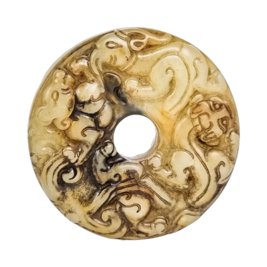 Chinese green jade "Chilong" bi disc hand-carved roundel pendant