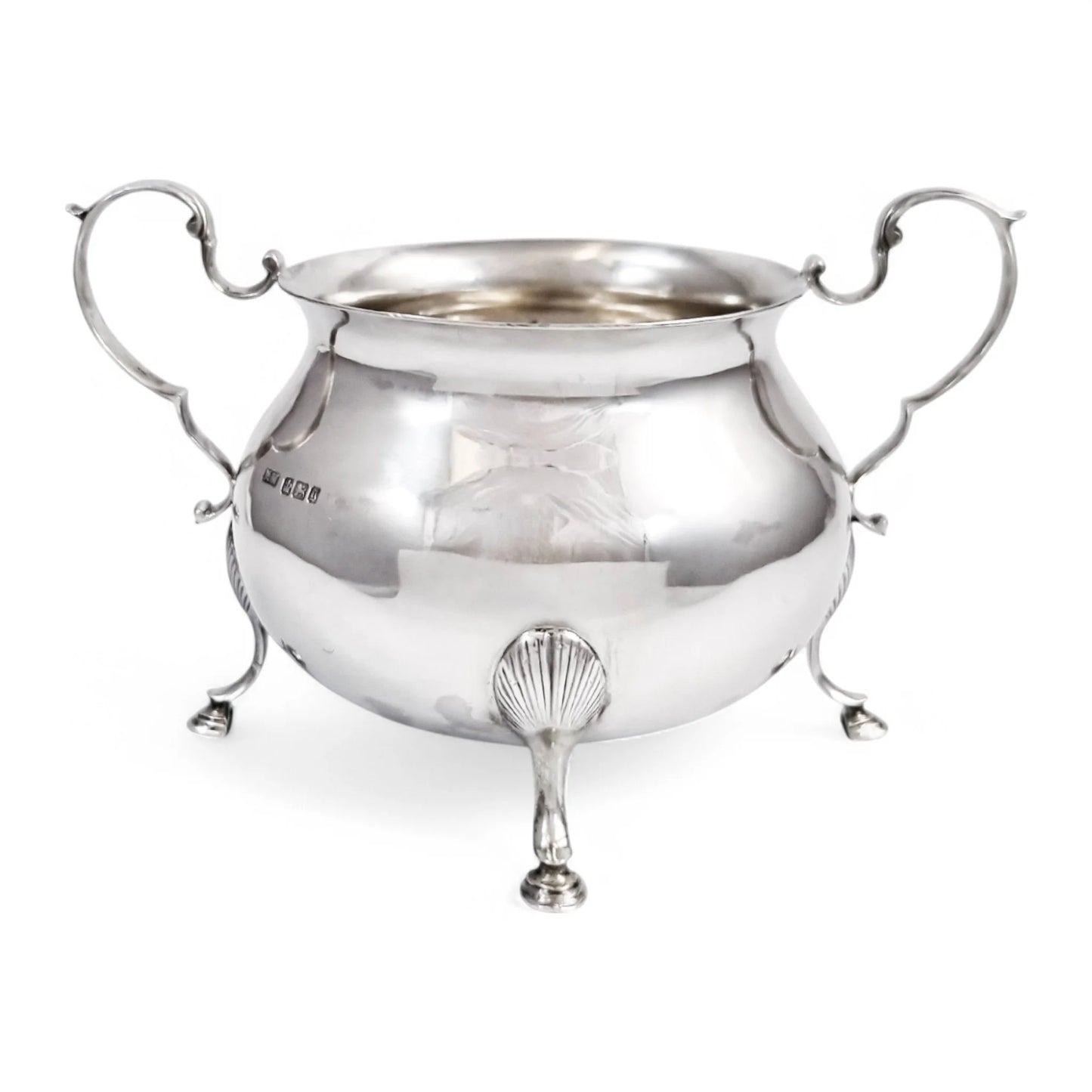 Large antique English sterling silver sugar bowl with hoof feet and scroll handles, Sheffield 1899