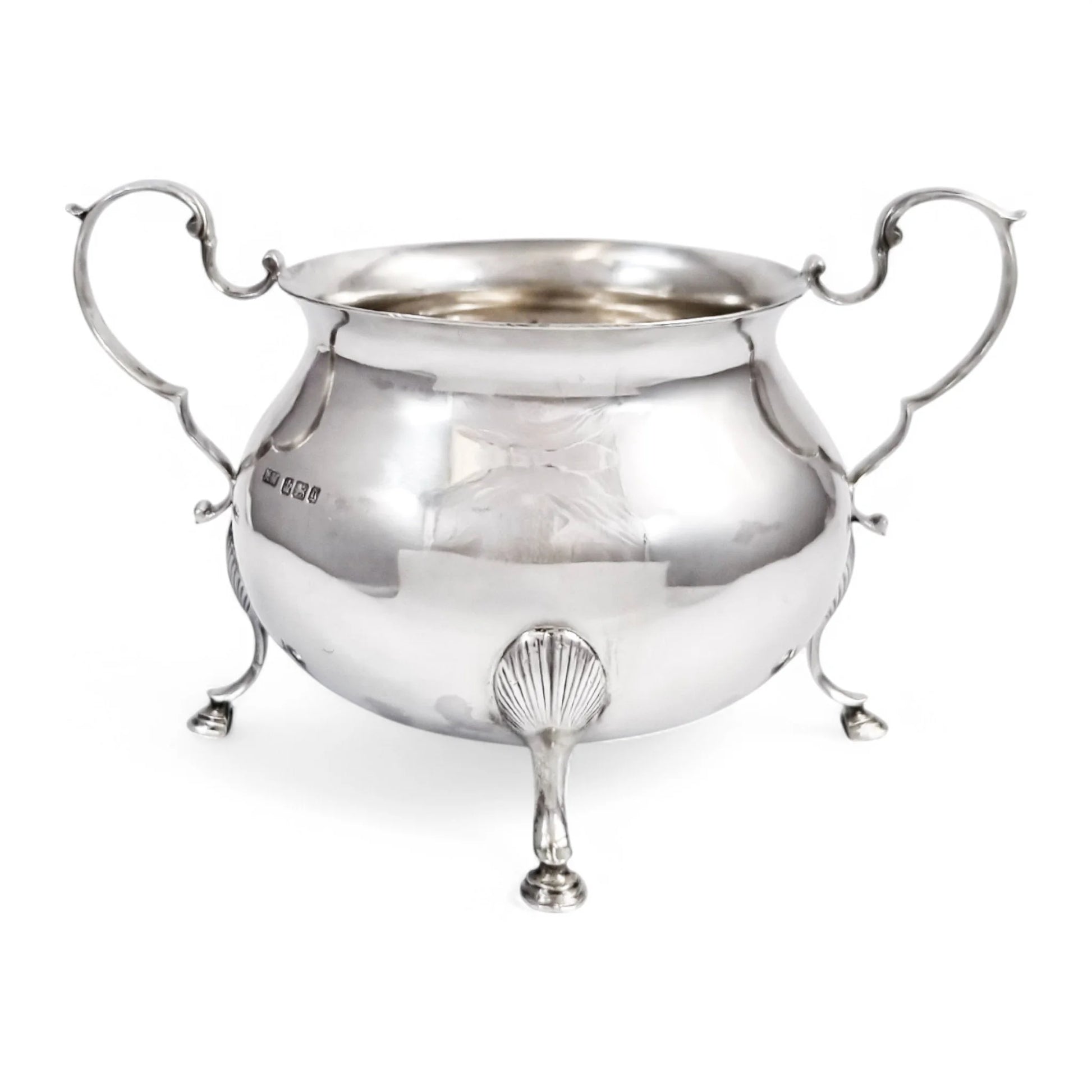 Large antique English sterling silver sugar bowl with hoof feet and scroll handles, Sheffield 1899