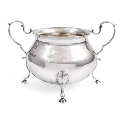 Large antique English sterling silver sugar bowl with hoof feet and scroll handles, Sheffield 1899