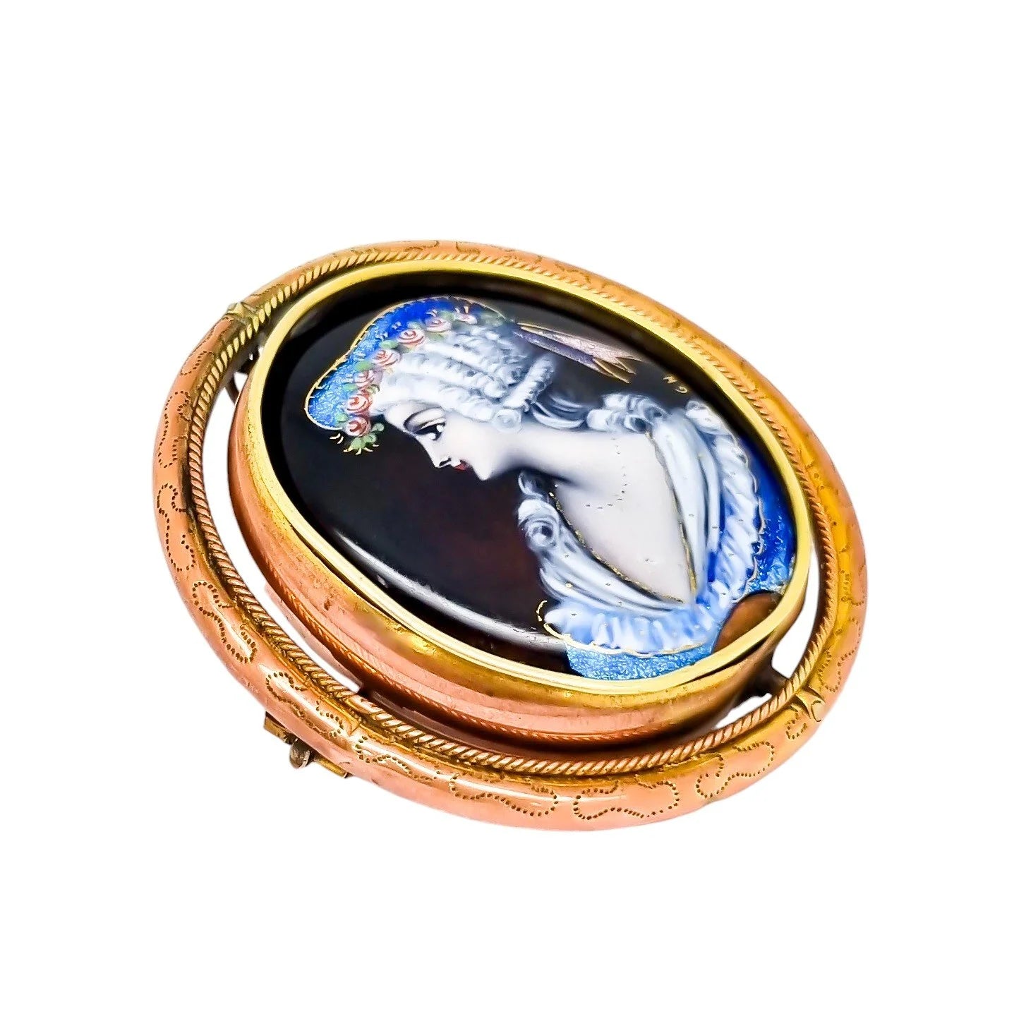 Antique large Limoges enamel Email d'Art portrait of lady swivel brooch signed "GH"