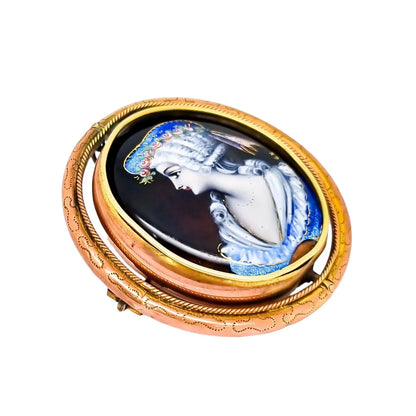 Antique large Limoges enamel Email d'Art portrait of lady swivel brooch signed "GH"