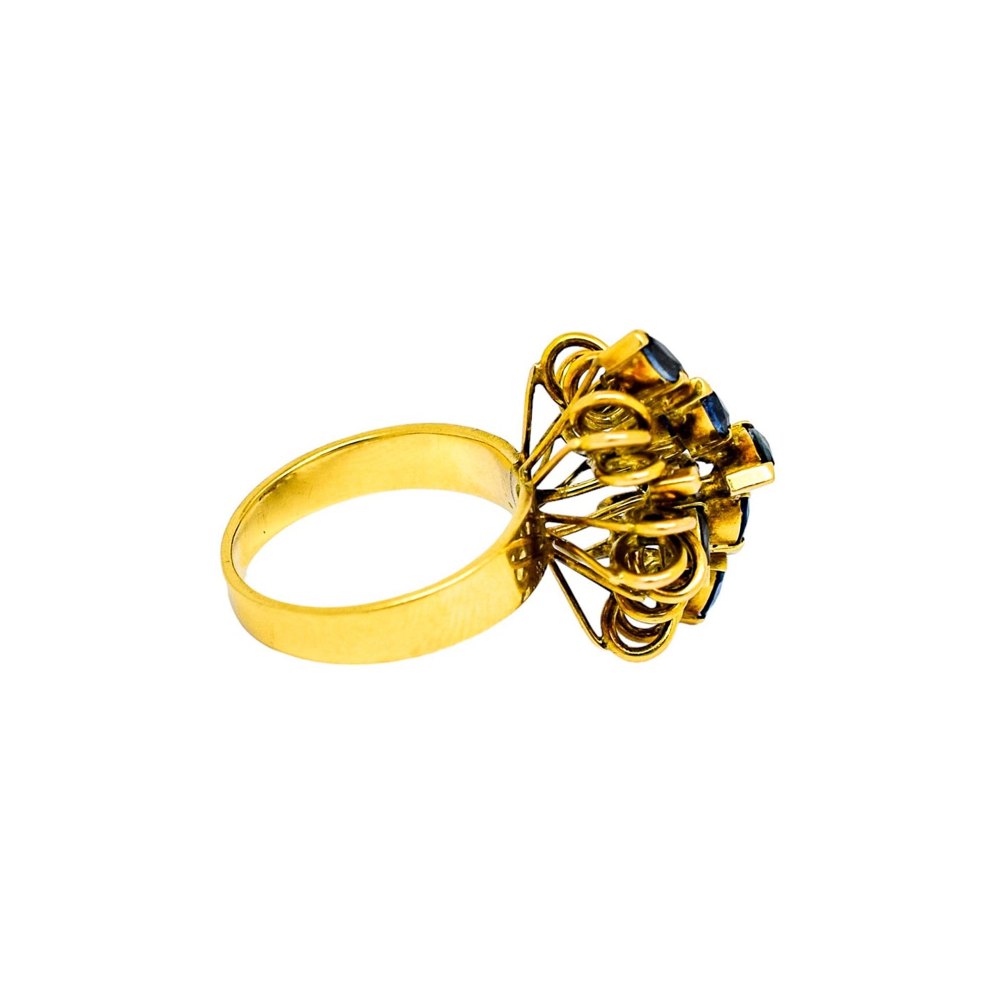 Vintage 14ct yellow gold sapphire navette floral cluster statement ring, 6.86g, M ½