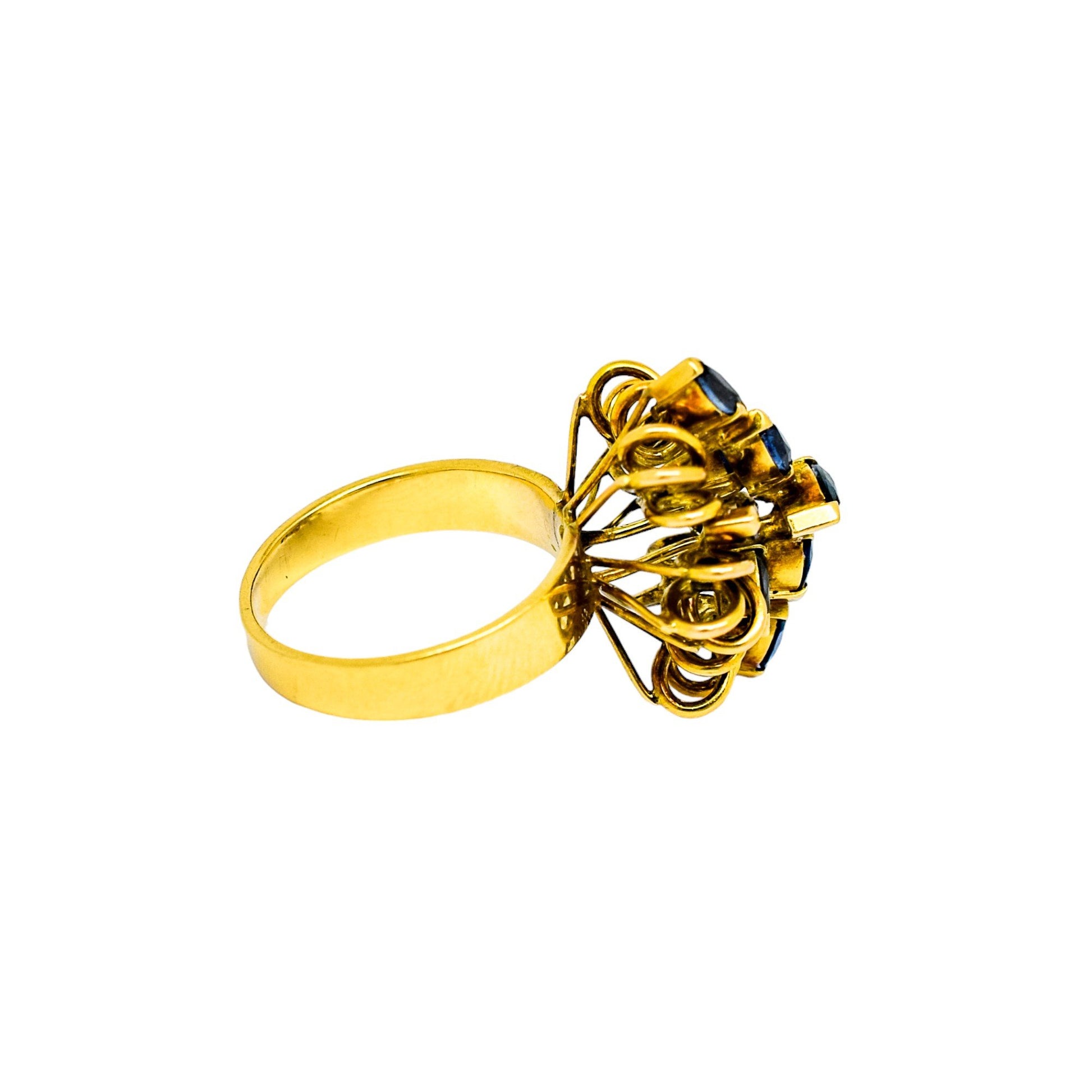 Vintage 14ct yellow gold sapphire navette floral cluster statement ring, 6.86g, M ½