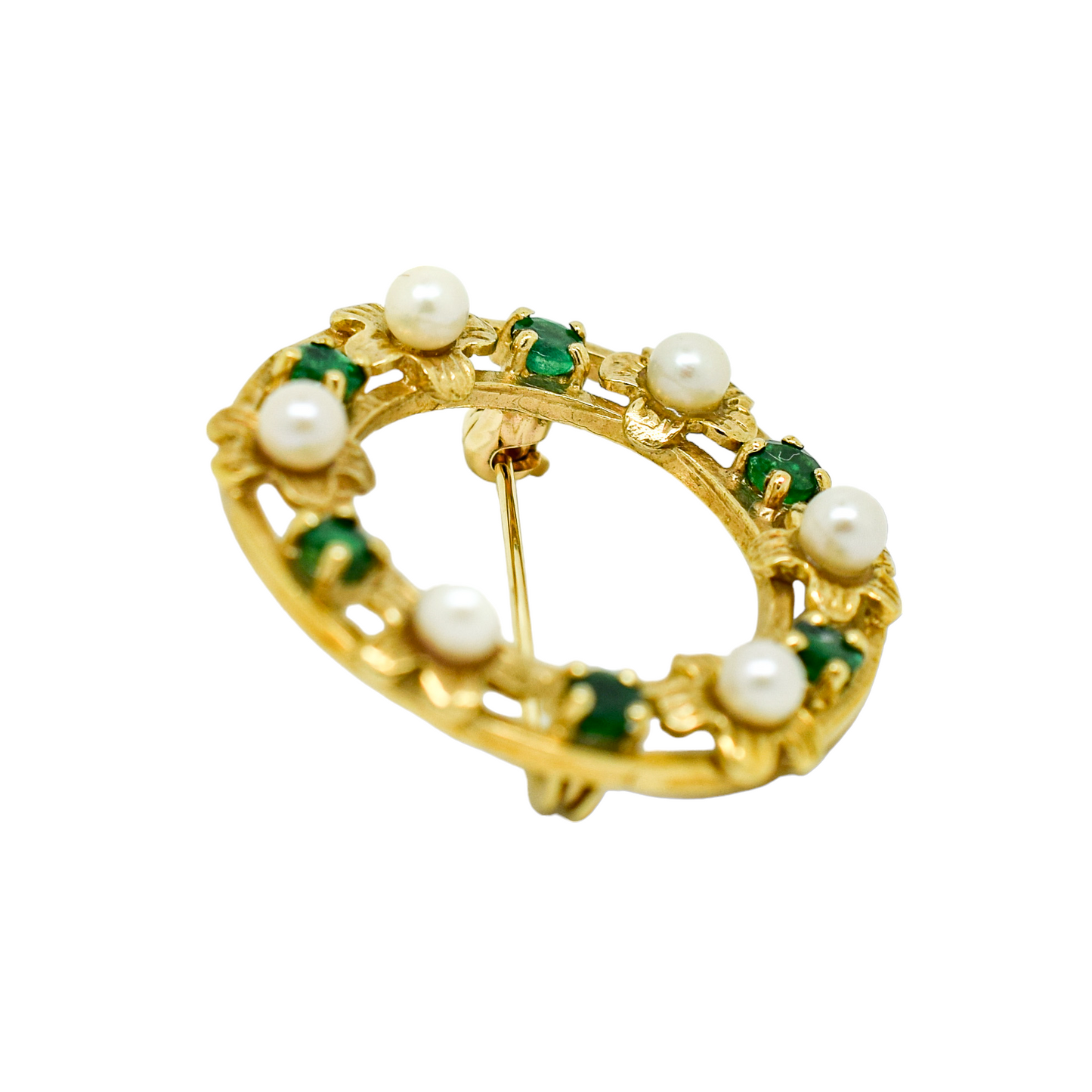 Vintage 9ct gold round openwork brooch / lace pin set with pearl flowers and emeralds