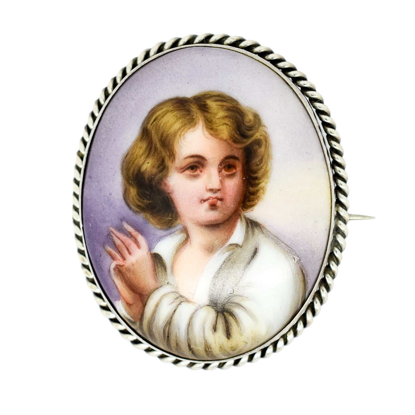 Victorian hand-painted porcelain portrait of a boy brooch in twisted rope silver frame