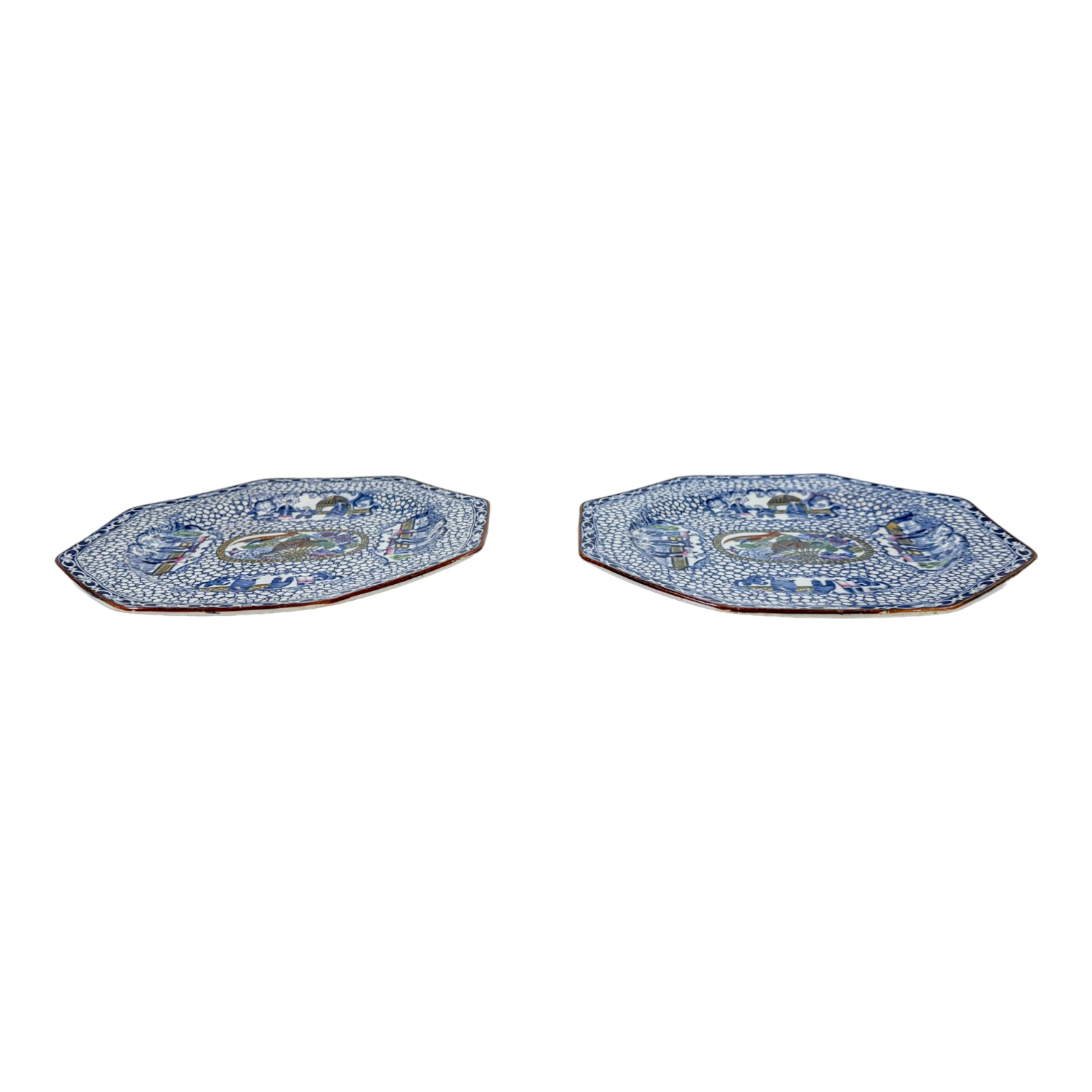 Art Deco Chinoiserie William Adams pair octagonal plates, Chinese Bird pattern
