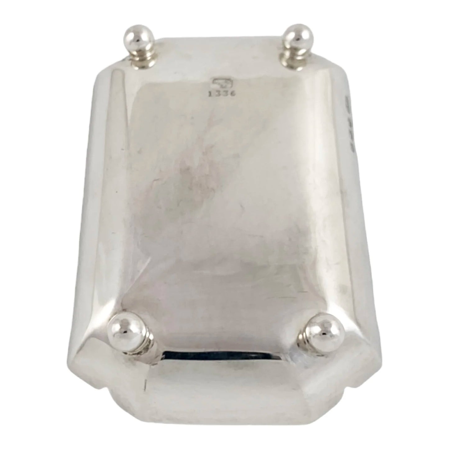 Modernist 1940's sterling silver vide poche snack/nut/candy bowl, oblong body on ball feet