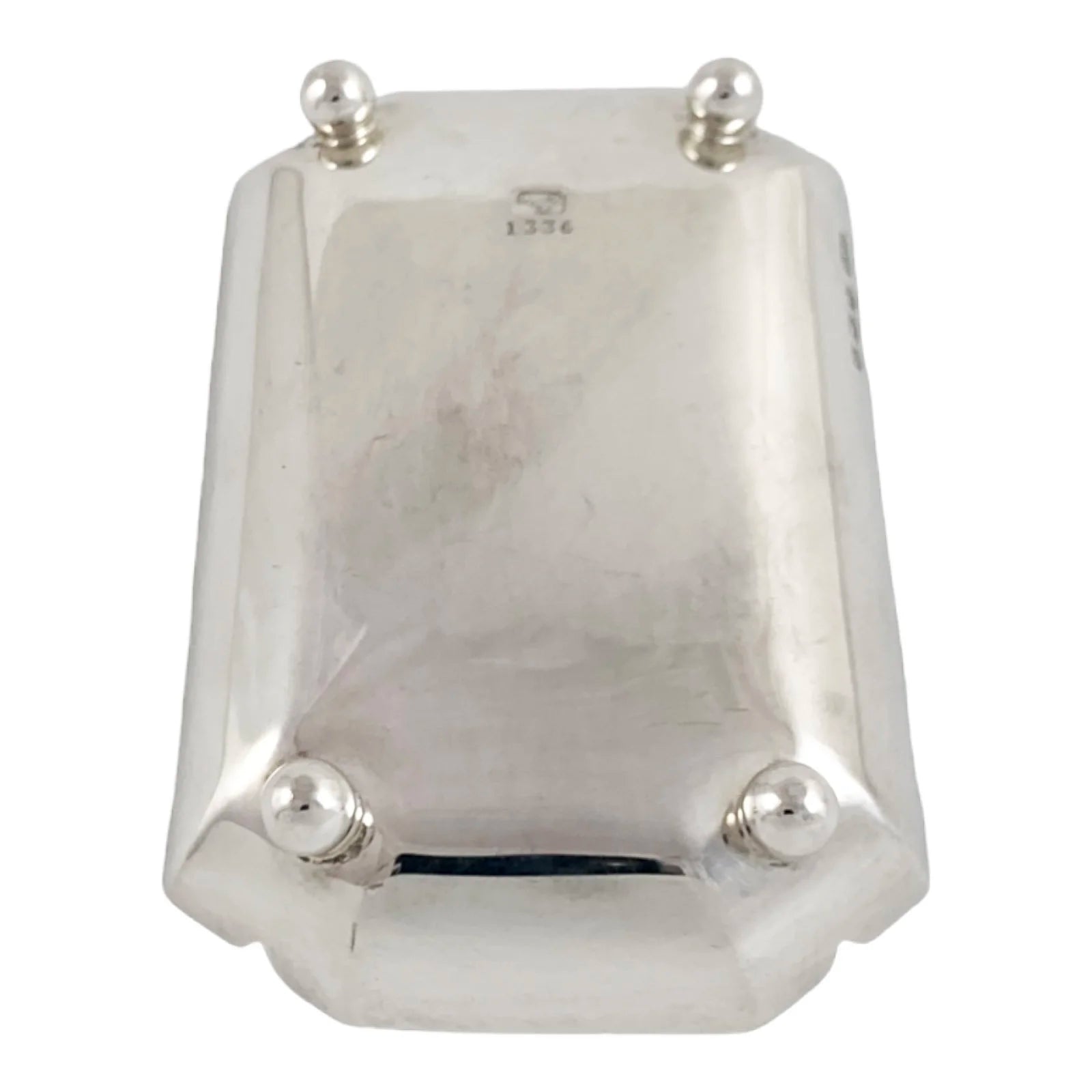 Modernist 1940's sterling silver vide poche snack/nut/candy bowl, oblong body on ball feet