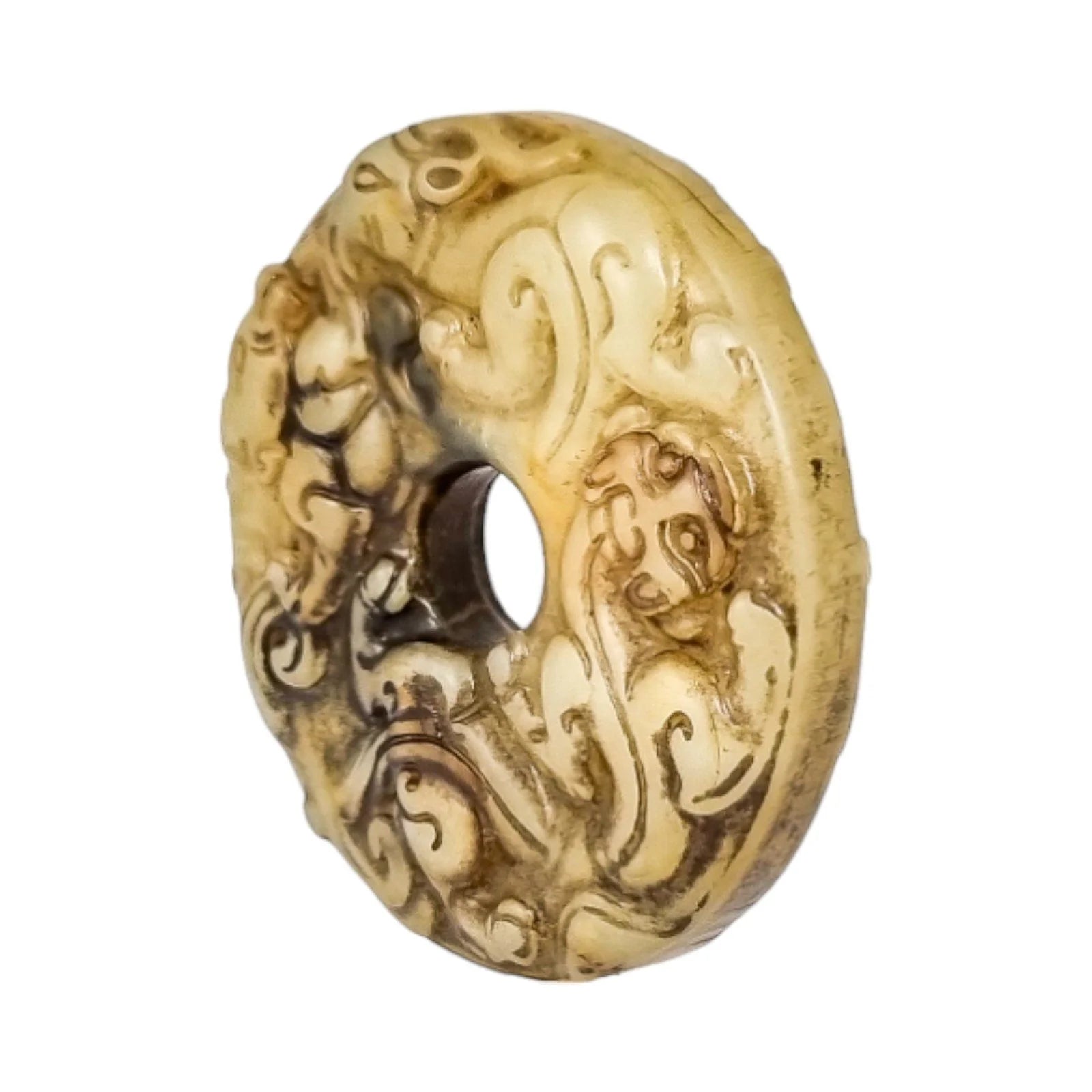 Chinese green jade "Chilong" bi disc hand-carved roundel pendant