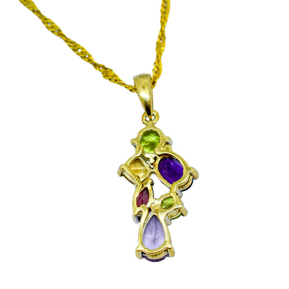 Vintage multi-gem pendant gilt sterling necklace - amethyst, peridot, citrine, garnet, topaz