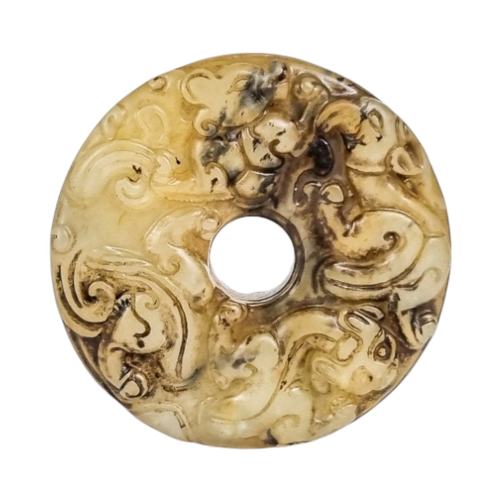 Chinese green jade "Chilong" bi disc hand-carved roundel pendant