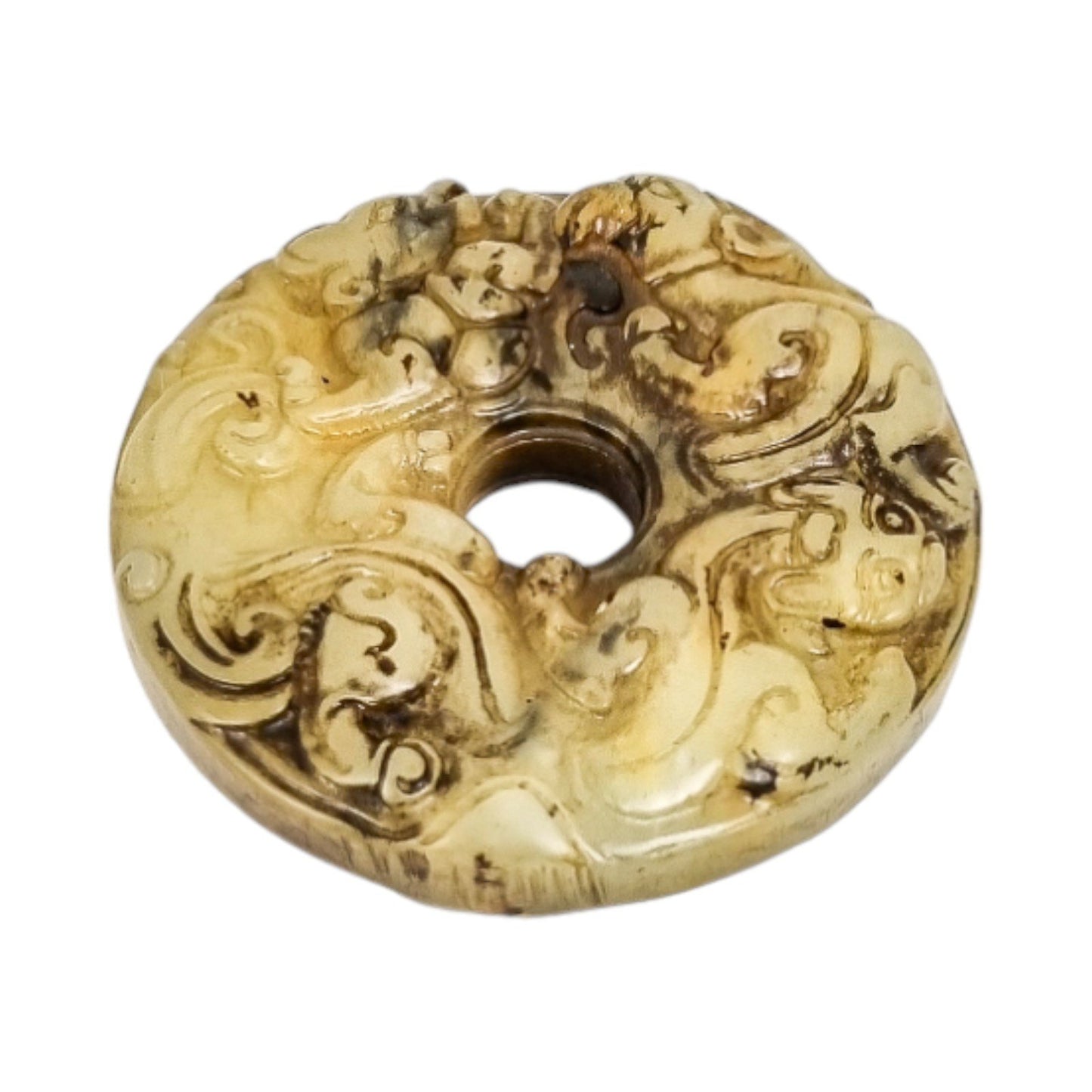 Chinese green jade "Chilong" bi disc hand-carved roundel pendant