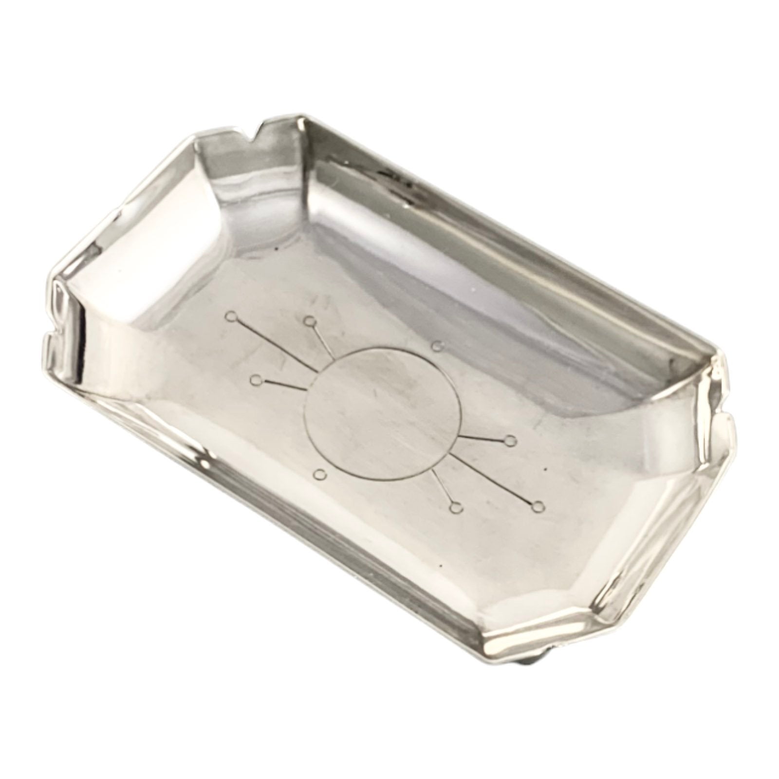 Modernist 1940's sterling silver vide poche snack/nut/candy bowl, oblong body on ball feet