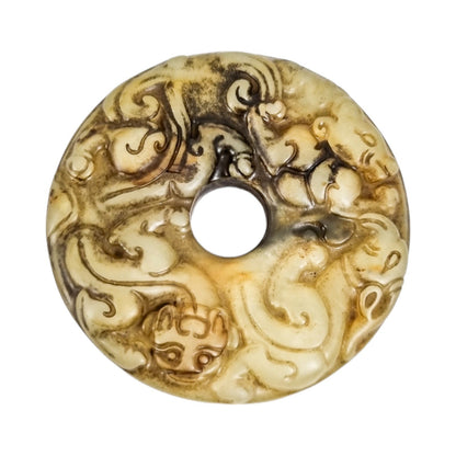 Chinese green jade "Chilong" bi disc hand-carved roundel pendant