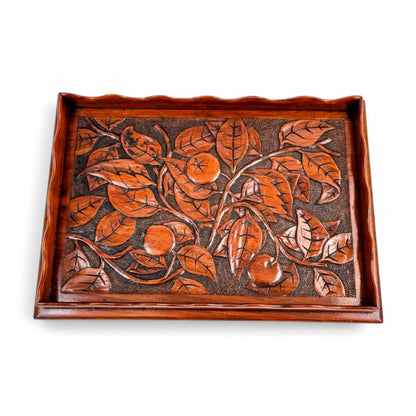 Antique Arts & Crafts mahogany hand-carved serving tray with fruit and leaf decoration, Victorian décor c. 1890s