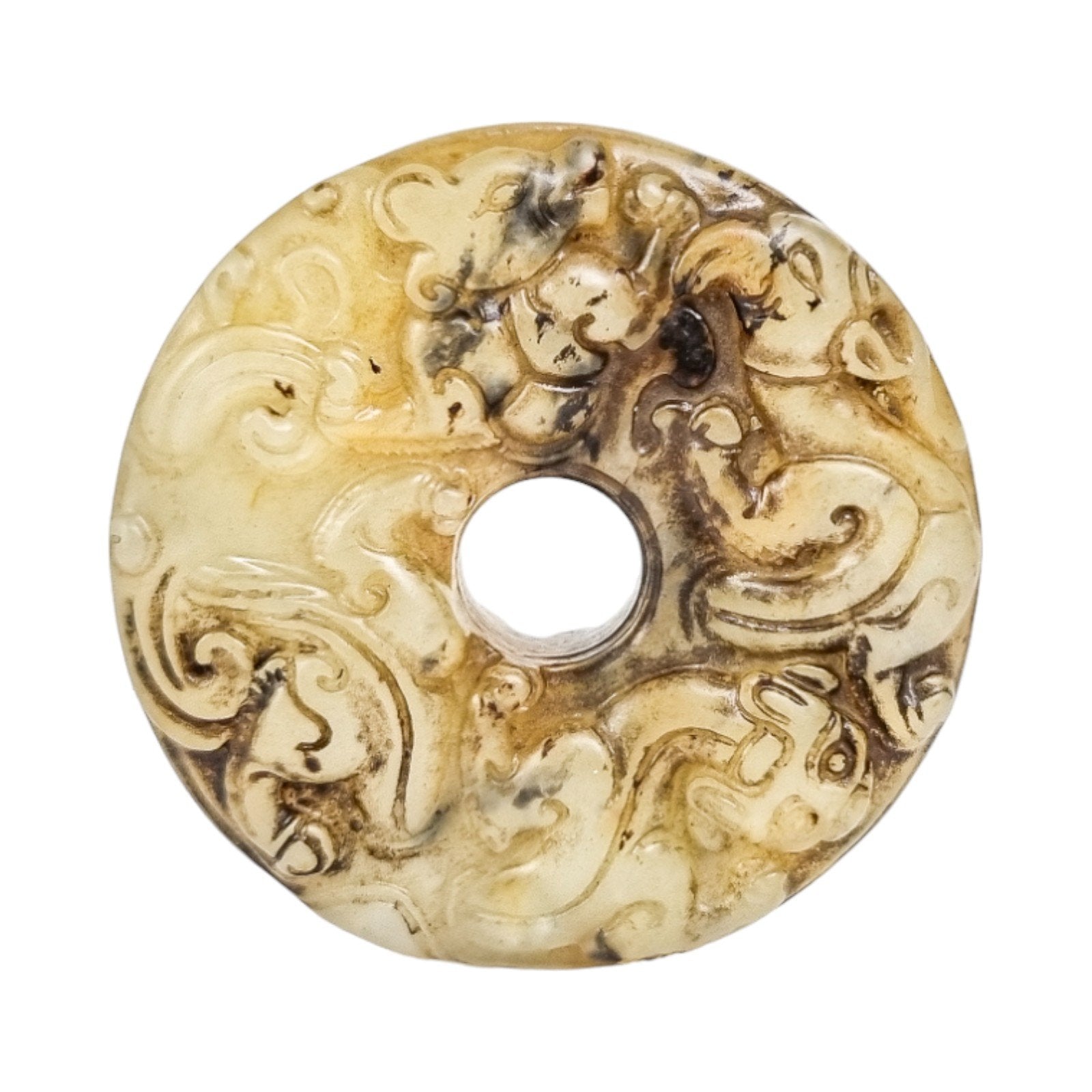 Chinese green jade "Chilong" bi disc hand-carved roundel pendant