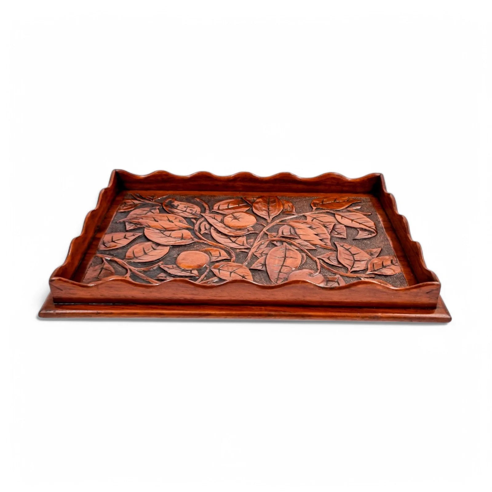 Antique Arts & Crafts mahogany hand-carved serving tray with fruit and leaf decoration, Victorian décor c. 1890s