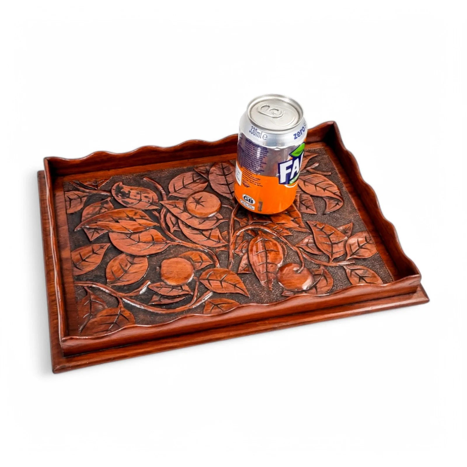 Antique Arts & Crafts mahogany hand-carved serving tray with fruit and leaf decoration, Victorian décor c. 1890s