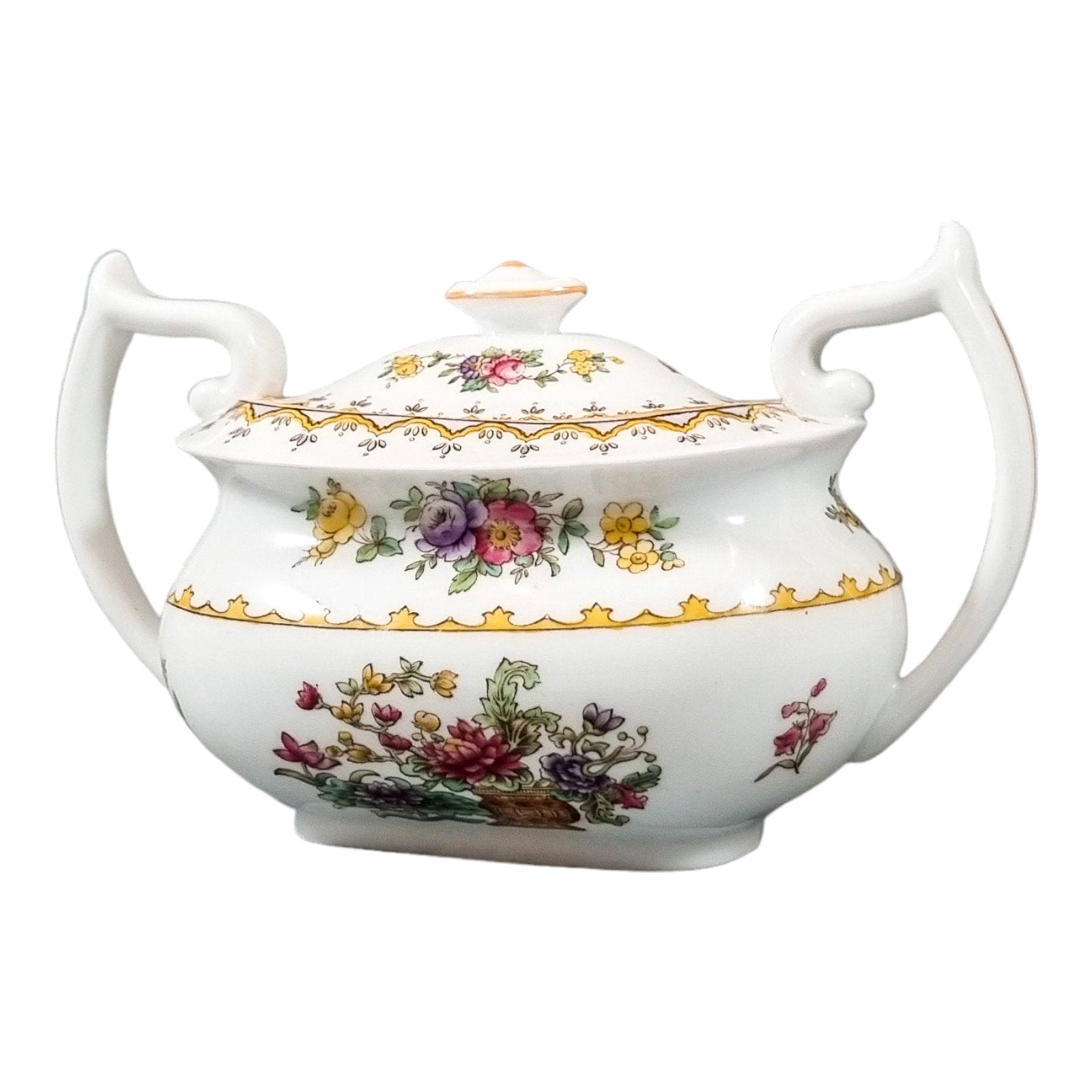 Spode bone china "Peplow" sugar bowl for Harrods, Chinoiserie flowers Rd. 568948
