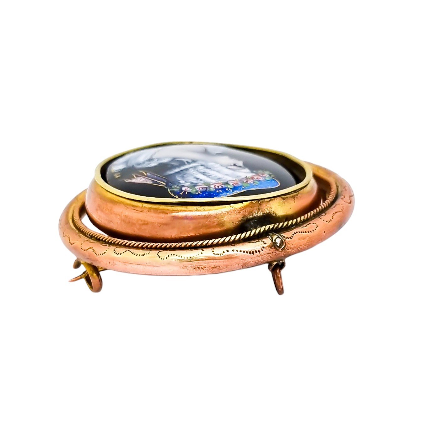 Antique large Limoges enamel Email d'Art portrait of lady swivel brooch signed "GH"