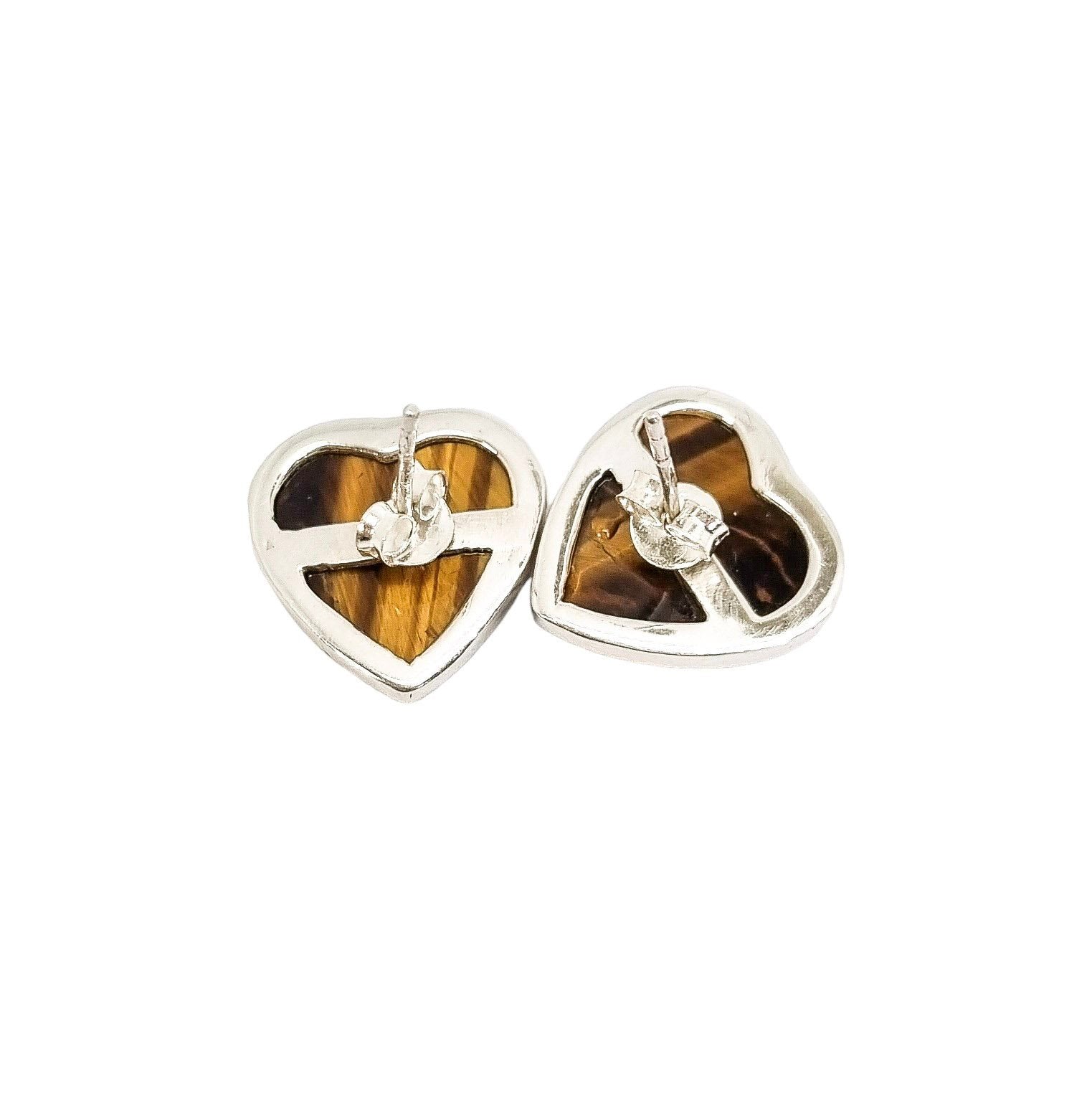 Tiger’s eye sterling silver heart-shaped stud earrings