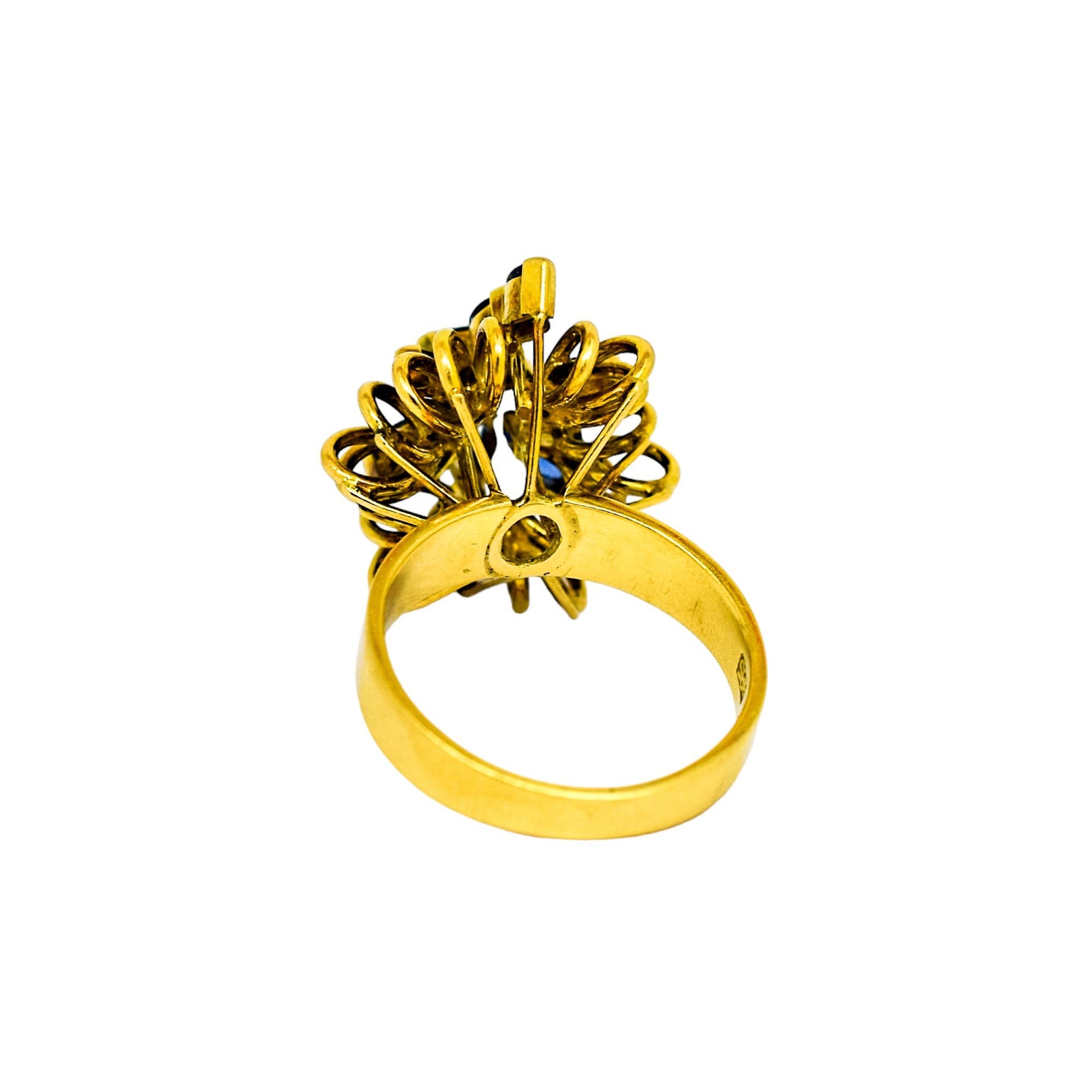Vintage 14ct yellow gold sapphire navette floral cluster statement ring, 6.86g, M ½