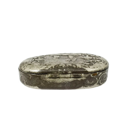 18th century Continental pewter snuff box engraved with scrolls and figures