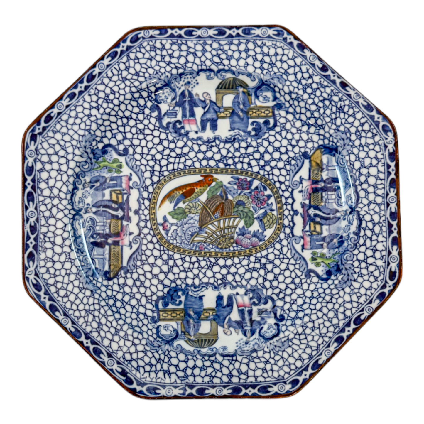 Art Deco Chinoiserie William Adams pair octagonal plates, Chinese Bird pattern