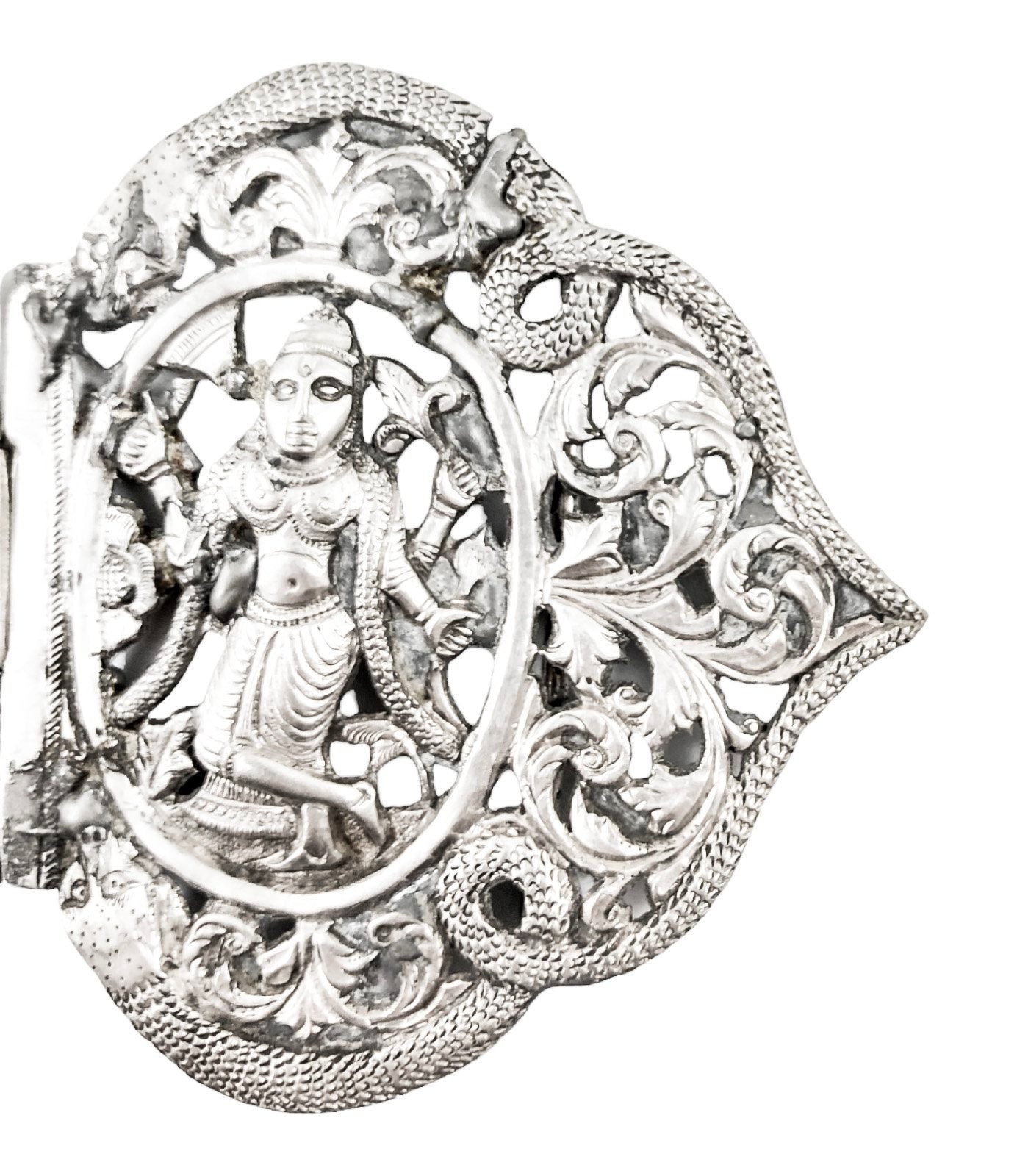 Indian / Burmese Colonial silver belt buckle with deities, snakes and foliage