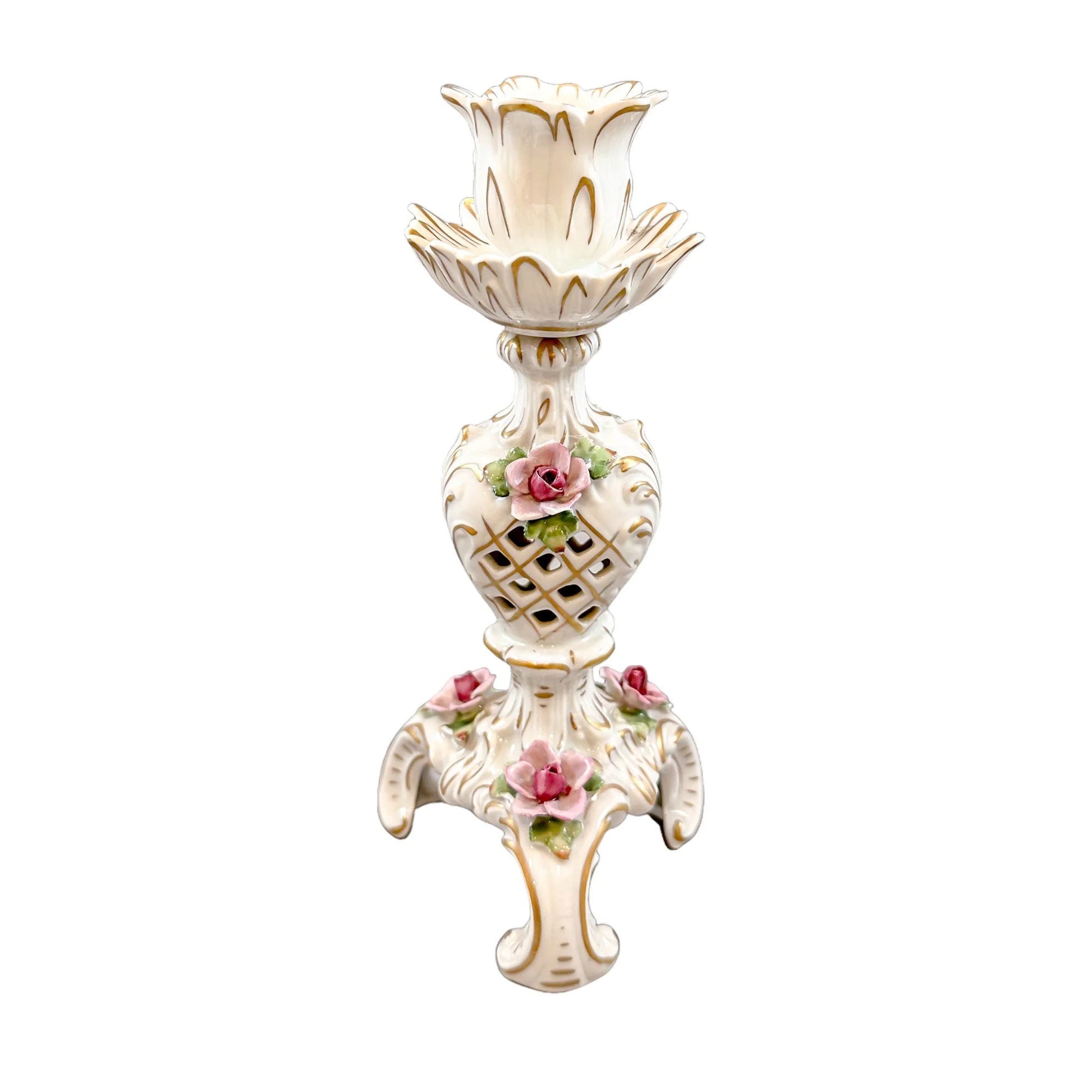 Vintage German porcelain Plaue Schierholz floral candlestick in Rococo style