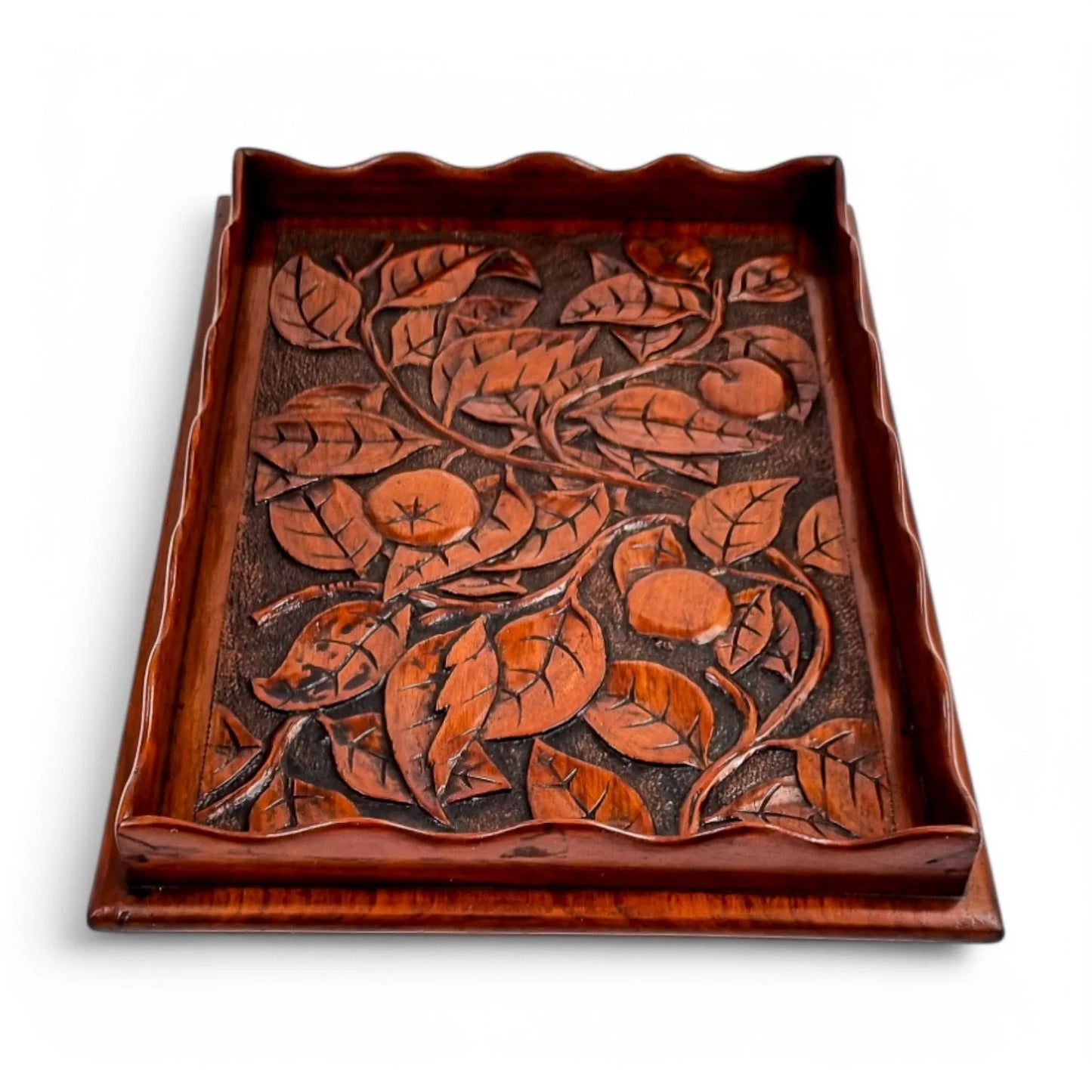 Antique Arts & Crafts mahogany hand-carved serving tray with fruit and leaf decoration, Victorian décor c. 1890s