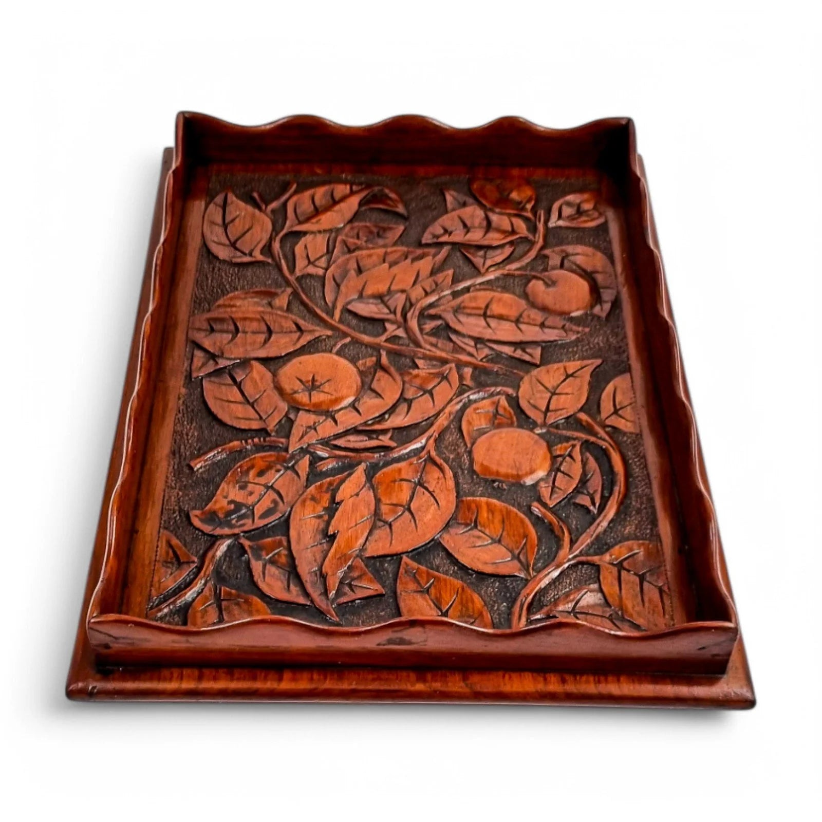 Antique Arts & Crafts mahogany hand-carved serving tray with fruit and leaf decoration, Victorian décor c. 1890s