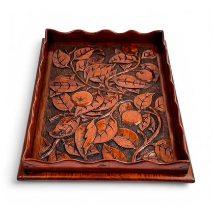Antique Arts & Crafts mahogany hand-carved serving tray with fruit and leaf decoration, Victorian décor c. 1890s