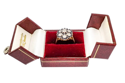 Large vintage sapphire, diamond 9kt yellow gold dome cluster cocktail ring, size R ½