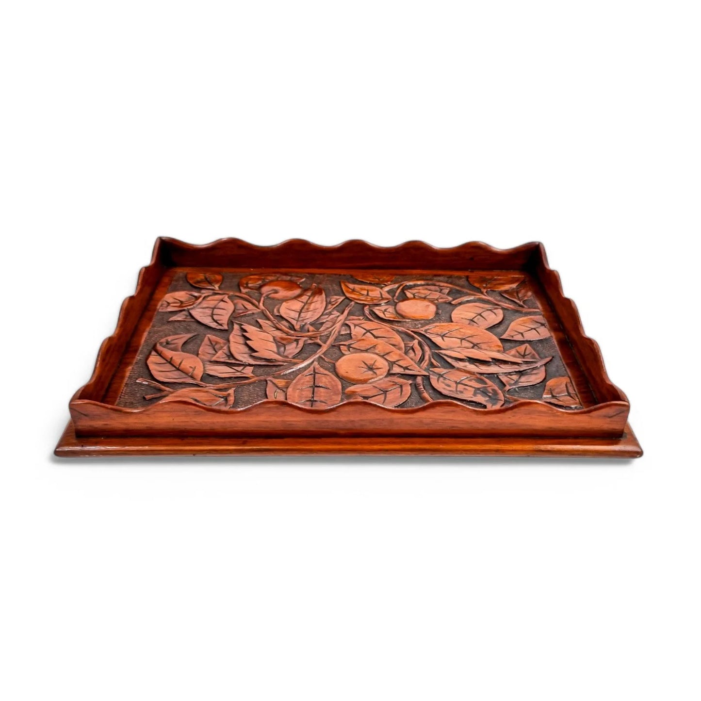 Antique Arts & Crafts mahogany hand-carved serving tray with fruit and leaf decoration, Victorian décor c. 1890s