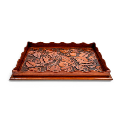 Antique Arts & Crafts mahogany hand-carved serving tray with fruit and leaf decoration, Victorian décor c. 1890s