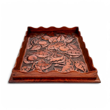 Antique Arts & Crafts mahogany hand-carved serving tray with fruit and leaf decoration, Victorian décor c. 1890s
