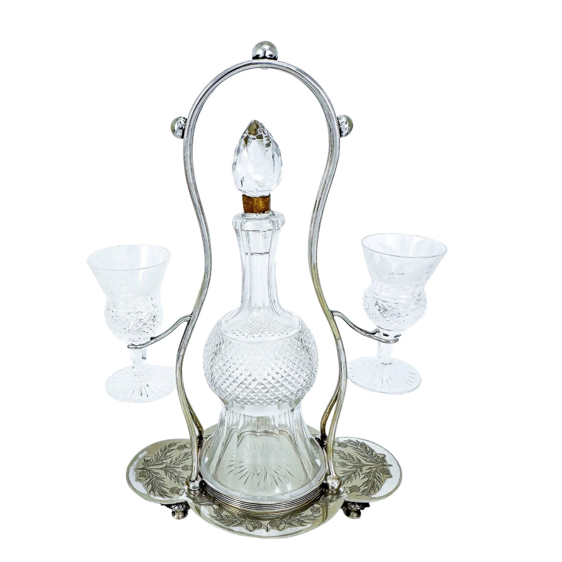 Victorian Edinburgh crystal 'Thistle' decanter set, 2 cordial glasses