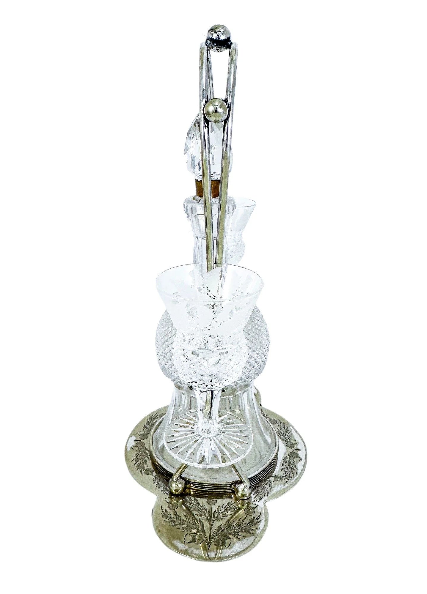 Victorian Edinburgh crystal 'Thistle' decanter set, 2 cordial glasses