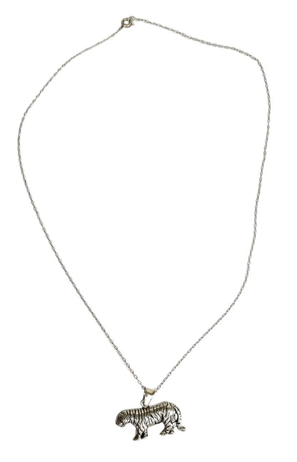 Vintage sterling silver 3D walking tiger pendant necklace on cable chain