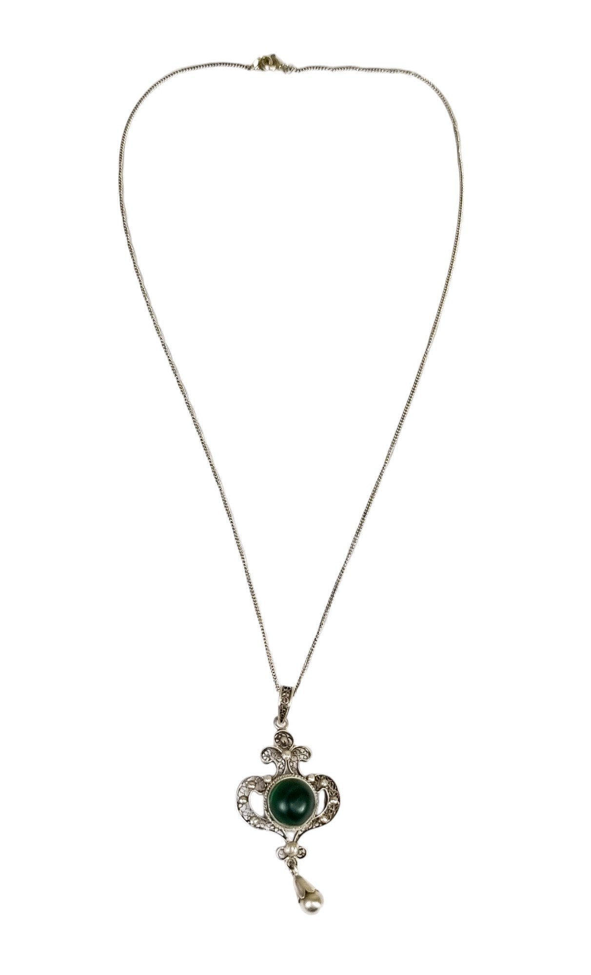 Art Nouveau silver filigree lavaliere malachite pendant necklace