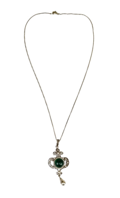 Art Nouveau silver filigree lavaliere malachite pendant necklace